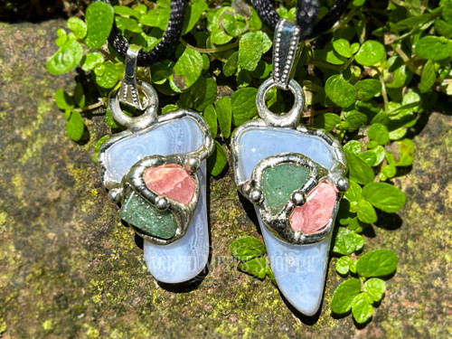 Two Tranquil Life Pendants  with Blue Lace Agate, Aventurine, and Rhodochrosite on brick with greenery