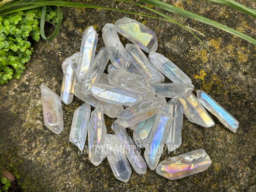 several angel or opal aura quartz crystal points lie on a rock with greenery in the sunlight