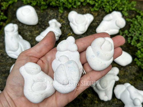 Three Menalite Fairy Stone concretions resting on an open palm with more Fairy Stones displayed on a rock in the background surrounded by greenery.