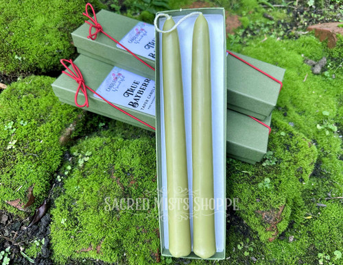 one pair of real bayberry hand-dipped tapers in an open box with two closed boxes