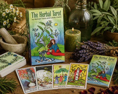 The herbal tarot deck box shown from the front with several cards laid in the front with the book to the right surrounded by herbs.