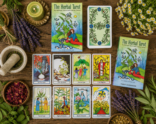 The herbal tarot deck box shown from above with several cards laid out with the book to the right surrounded by herbs.