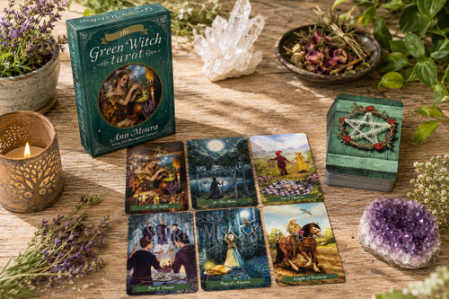 The Green Witch Tarot deck by Ann Moura displayed on a wooden table with herbs, crystals, and sunlight.