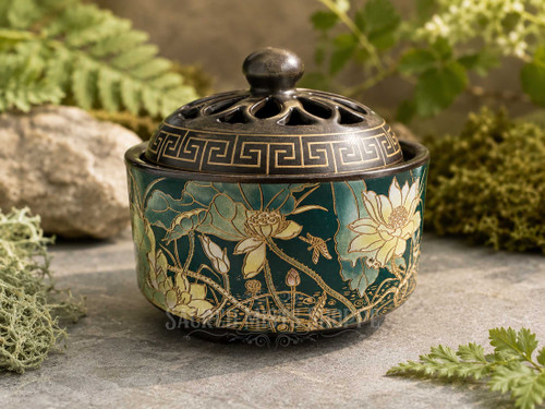 Lotus enamel incense bowl with vented lid displayed outdoors among moss and natural stone in bright sunlight.