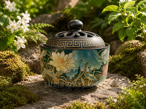 Side angle of lotus enamel incense bowl highlighting floral artwork and decorative lid.
