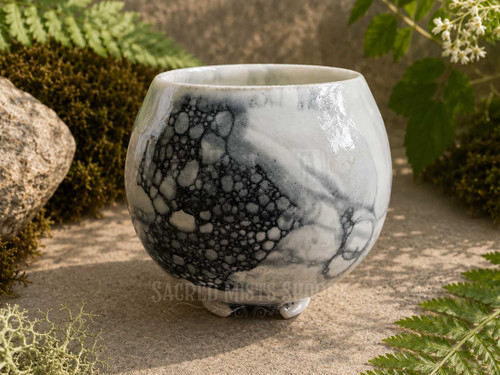 Black and white handmade glazed ceramic incense bowl with three-footed base displayed outdoors among moss and natural stone in bright sunlight. Shown from the front. 