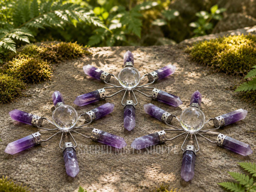 Three amethyst crystal grid generator with a natural quartz sphere and six amethyst points, shown from the front. Perfect for meditation, crystal grids, altar décor, and spiritual practice.