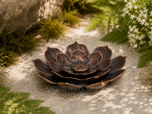 Copper lotus incense burner for stick incense displayed outdoors on natural stone surrounded by moss, ferns, and white blossoms in warm sunlight.