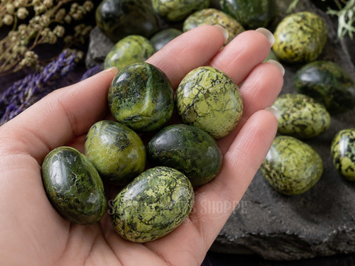 Hand holding several polished Serpentine tumbled stones showing their beautiful green patterns and natural variations.