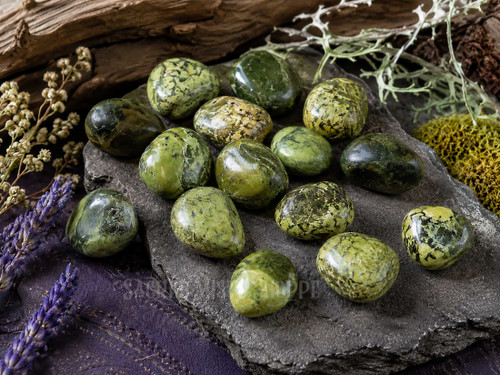 Collection of Natural Serpentine tumbled stones displayed on a stone slab with driftwood, lavender, and moss in a rustic natural setting.