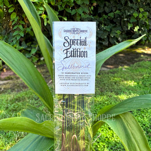 Single package of Sacred Mists Shoppe Spellbound handcrafted incense sticks standing among broad green leaves in a natural garden setting.