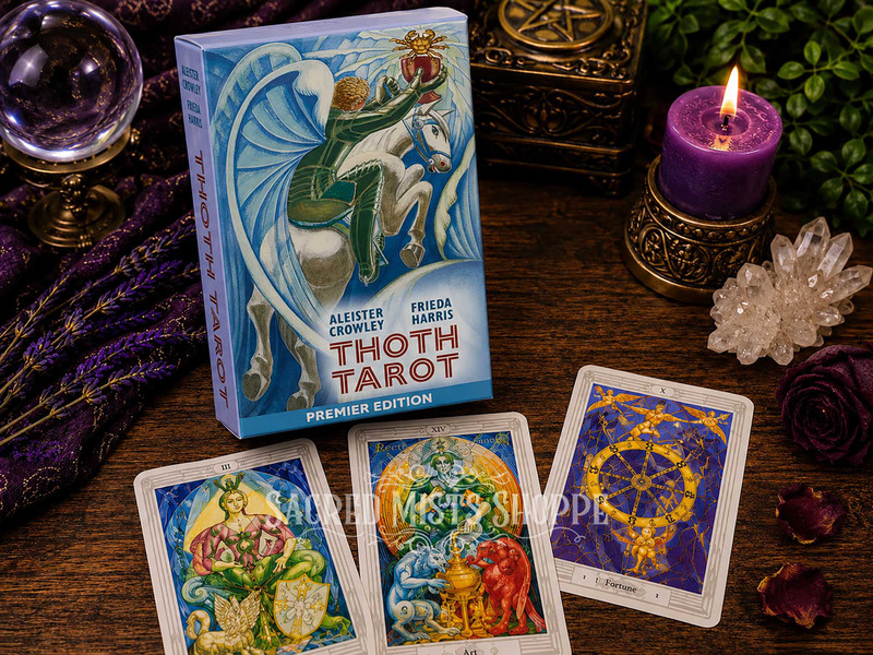 Thoth Tarot Premier Edition box displayed upright with three colorful tarot cards, a purple candle, crystal sphere, quartz cluster, greenery, and ritual accents on a dark wooden surface.