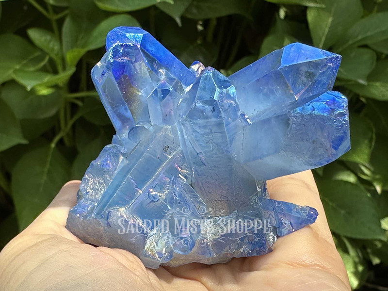 Tanzine Aura Quartz cluster crystal resting on hand in bright sunlight with greenery backdrop, vibrant blue violet aura quartz for healing.