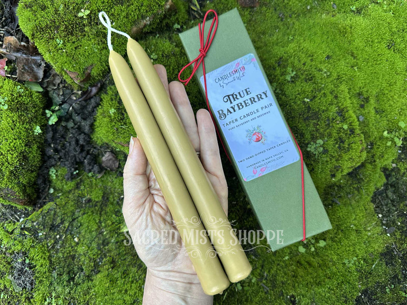 one pair of real bayberry hand-dipped tapers held in an open palm with a closed box in the background
