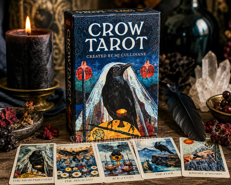 Crow Tarot deck shown from the front with several cards fanned in the front of the box surrounded by crystals and candlelight
