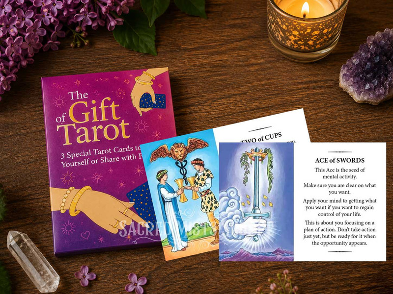 One gift of tarot envelope lays on a wood table with crystals, herbs and candlelight, two cards lay to the right displaying how the cards may look
