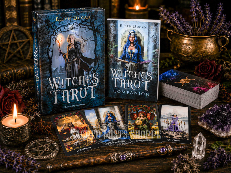Witches Tarot deck by Ellen Dugan displayed with the companion guidebook, tarot cards, crystals, candles, herbs, and ritual tools on a rustic wooden altar illuminated by warm candlelight.