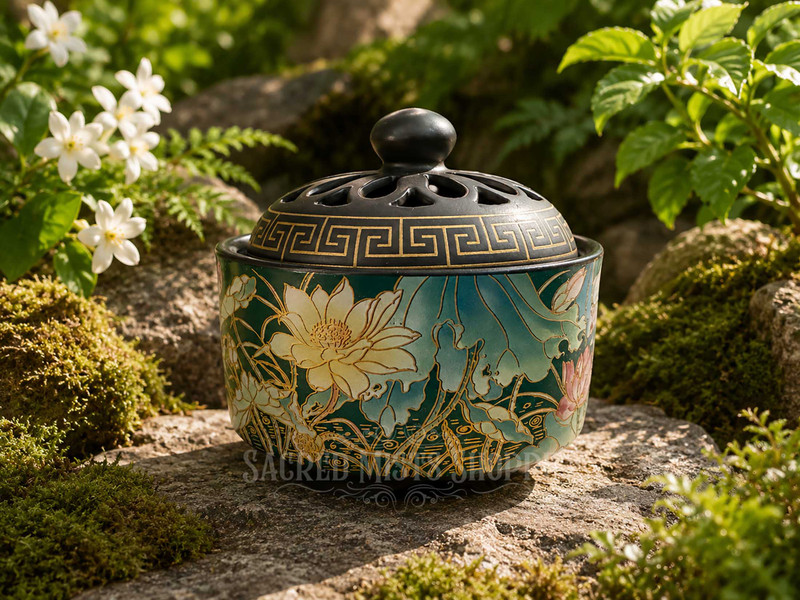Side angle of lotus enamel incense bowl highlighting floral artwork and decorative lid.