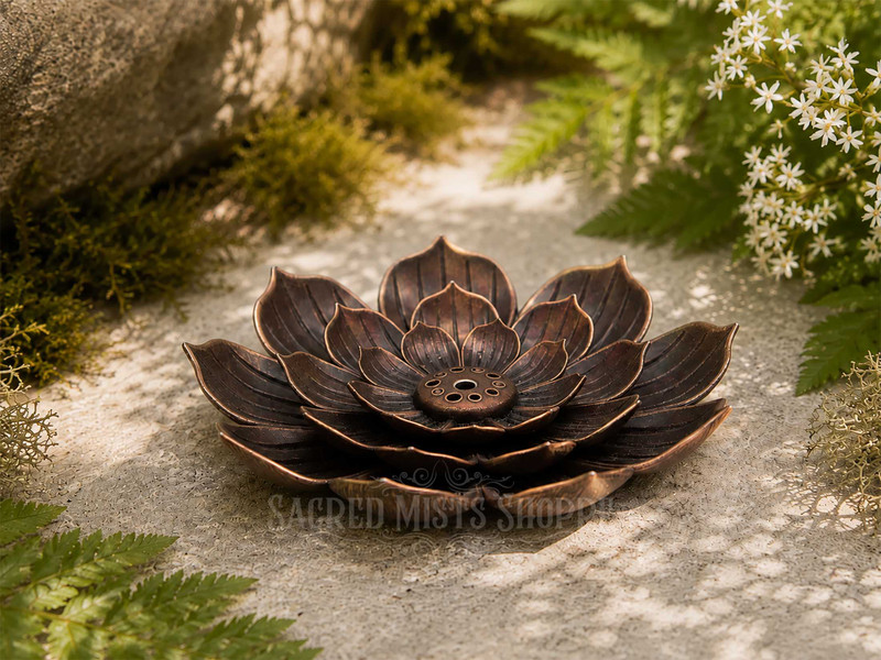 Copper lotus incense burner for stick incense displayed outdoors on natural stone surrounded by moss, ferns, and white blossoms in warm sunlight.