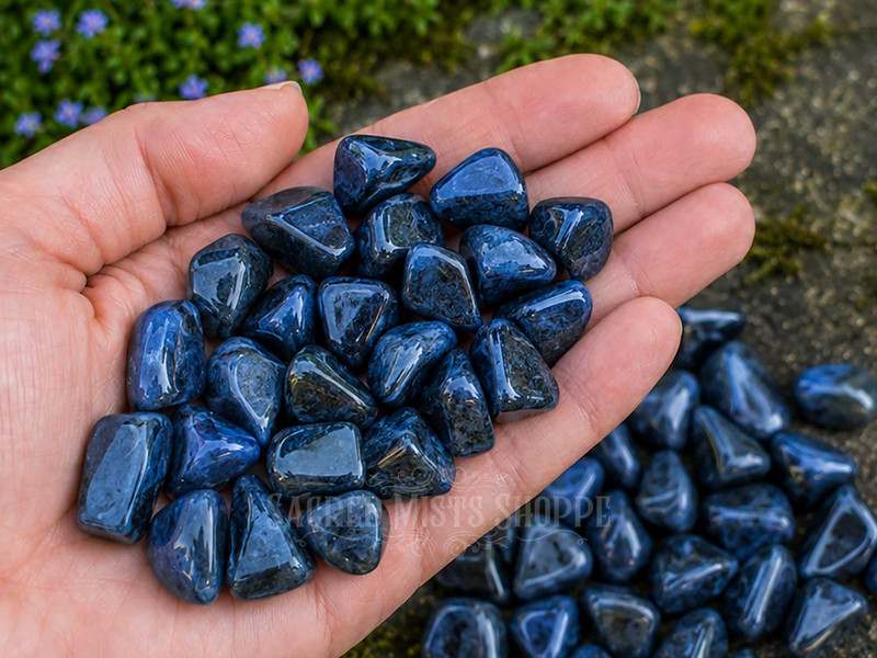 Hand holding polished Dumortierite tumbled stones showing rich natural blue coloration and smooth polished surfaces.
