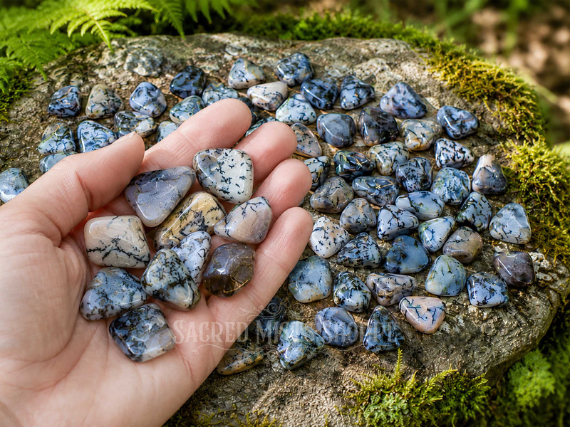 Hand holding several Natural Dendritic Agate tumbled stones, highlighting their smooth polished finish, soft gray and cream tones, and intricate fern-like dendritic patterns against a nature-inspired background.