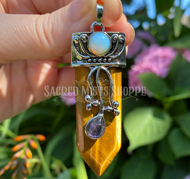 Golden Tiger Eye Pendant with Amethyst, Opalite, Tibetan Silver for