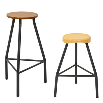 Heavy-duty laboratory stools with Supawood or plastic seats, available in 460mm and 690mm heights, finished with a dark grey frame.