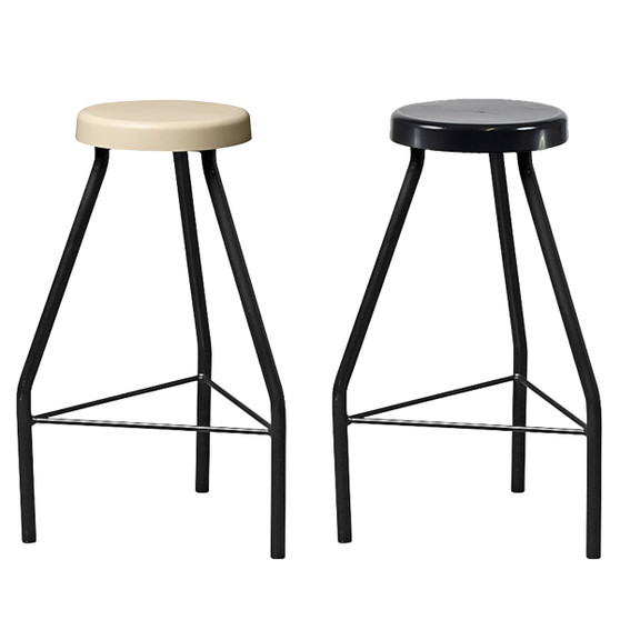 Premium heavy-duty laboratory stools with beige or black plastic seats, available in 500mm, 600mm, 700mm and 800mm heights, finished with a matte black steel frame.