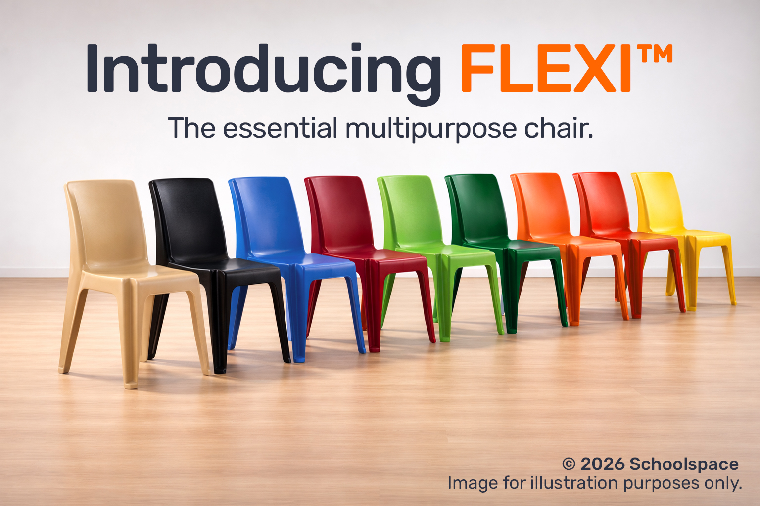 Row of stackable FLEXI multipurpose plastic chairs in beige, black, blue, burgundy, lime, green, orange, red and yellow on a wooden floor studio background.