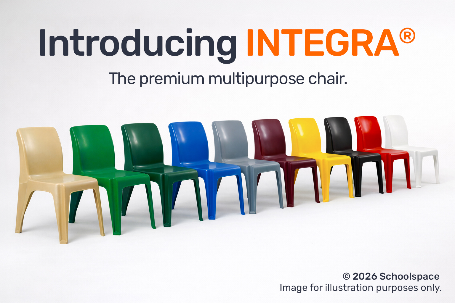 INTEGRA fully-moulded stackable plastic chairs in a range of vibrant colours, including beige, light green, dark green, blue, grey, burgundy, yellow, black, red, and white, arranged in a clean studio setting.