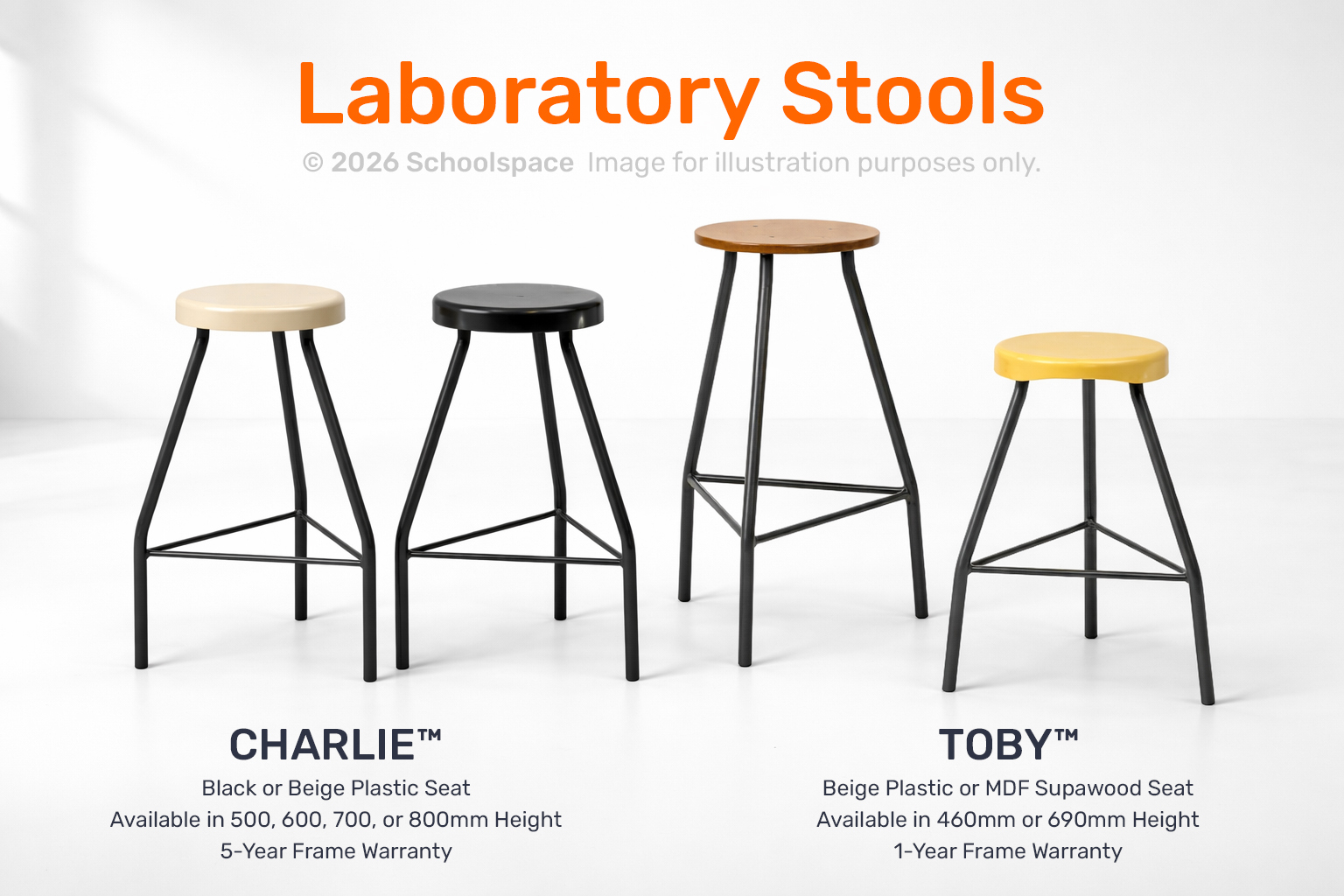 Laboratory stools with black or dark grey metal frames and round plastic or wooden seats in a white studio product display