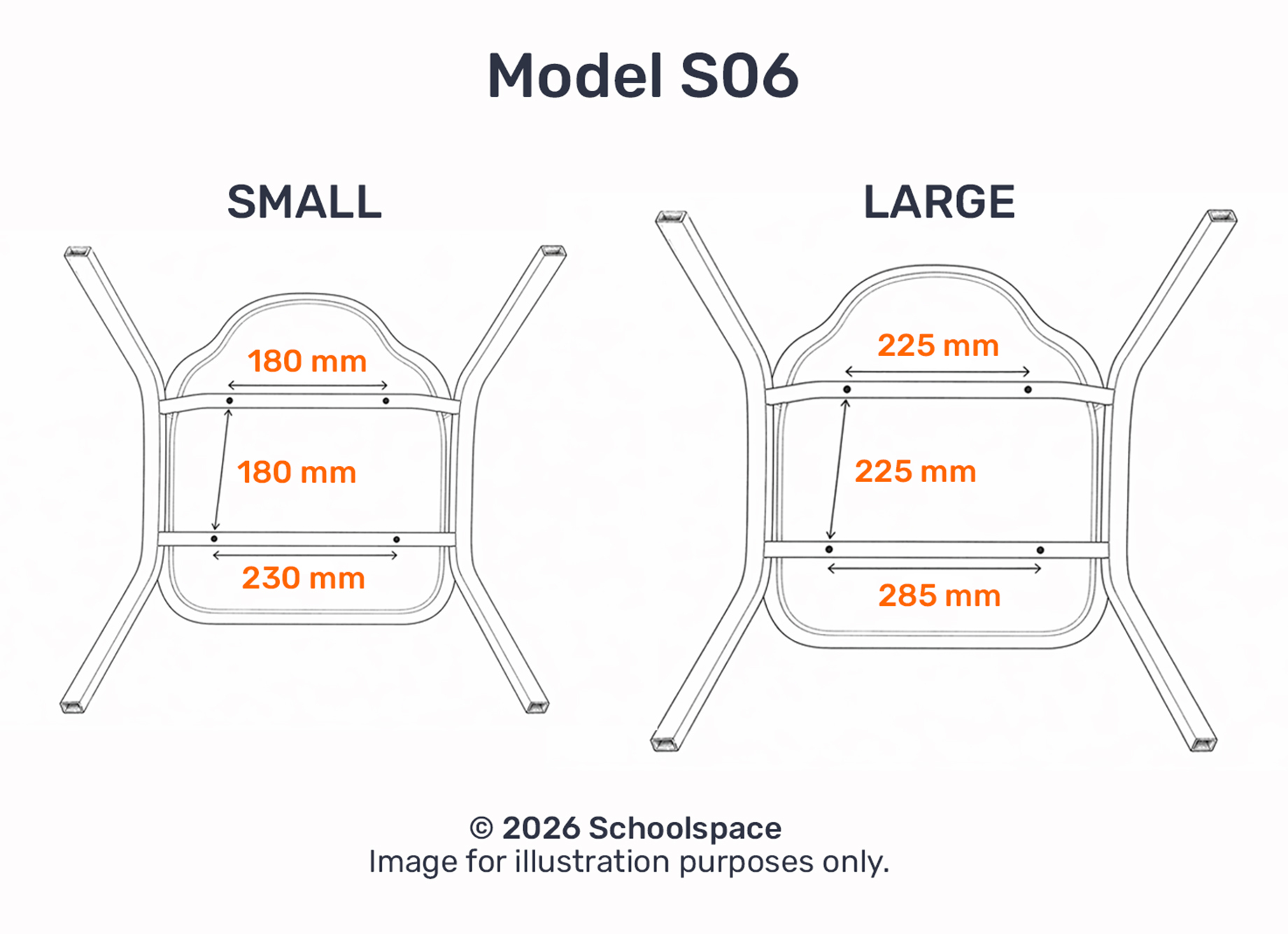 Schematic of Model S06 polyshell chair replacement seats