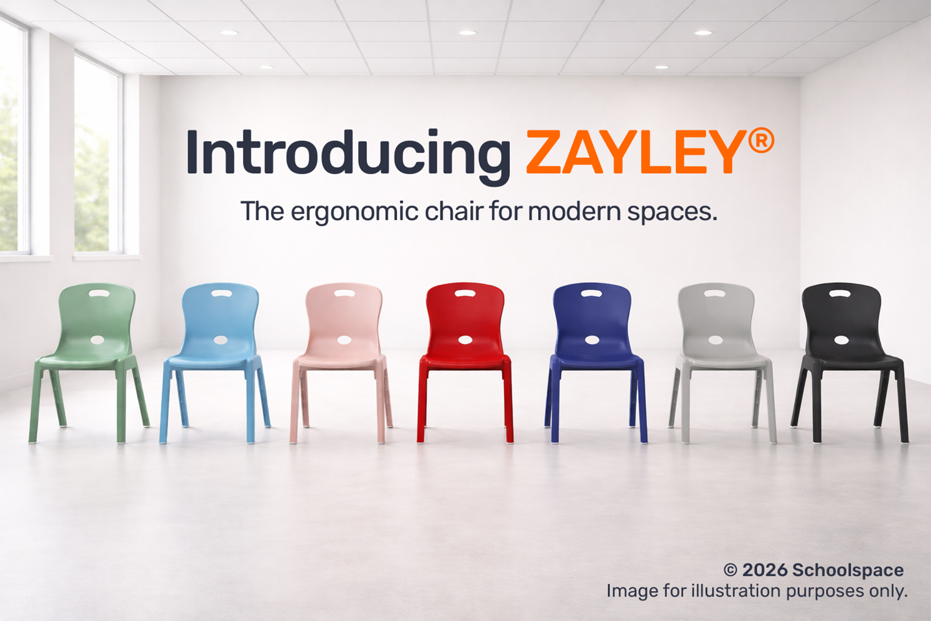 Zayley ergonomic plastic chairs in multiple colours lined up in a modern classroom