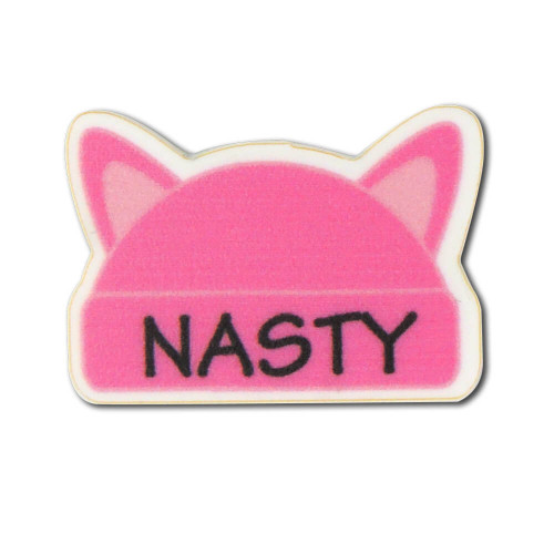 Small Pink Cat Ear Hat Shaped Lapel Pin with Nasty on Brim