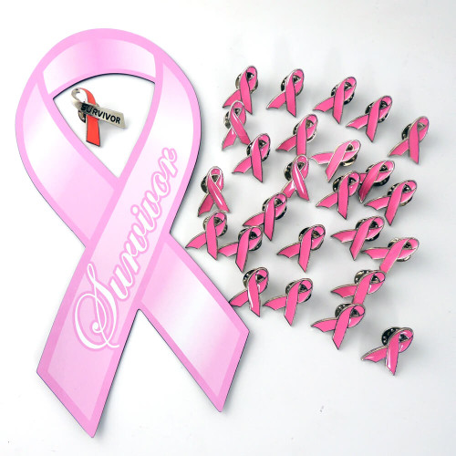 The breast cancer survivor bundle includes one Breast Cancer survivor car magnet, one breast cancer survivor lapel pin and 25 breast cancer awareness lapel pins - save over 35% off the regular price by getting them in this convenient bundle!