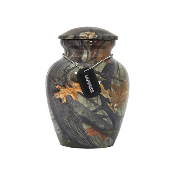 This attractive resin camouflage urn has a threaded lid for secure closure.  The keepsake size holds a small portion of cremated remains or a pet up to 2 lbs.  The small urn has a capacity of 40 cubic inches and holds up to a 30 lb pet.  The medium urn has a capacity of 120 cubic inches and holds up to a 120 lb. pet.  The large urn has a capacity of 200 cubic inches and holds up to a 200 lb. pet.  A dog tag necklace with ball chain uniquely personalizes this urn and is included in your purchase at no additional charge.  Dog tag necklace NOT available for the keepsake size urn.