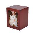 Beautiful and modern Cherry Photo Urn.  
Small - 25 cu inches - Holds up to up to a 15lb. pet (5" x 3.75" x 3.5") Holds Approx. 3" x 4" Photo
Medium - 40 cu inches - Holds up to a 30 lb. pet (5.5" x 4" x 4.25")  Holds Approx. 3" x 5" Photo
Large - 85 cu inches - Holds up to a 75 lb pet (6.75" x 4.75" x 5")  Holds Approx. 4" x 6" Photo
XL - 200 cu inches - Holds up to 100+ lb. pet (10" x 7" x 5") Holds Approx. 6" x 8" Photo
Price Includes Engraving of up to 3 Lines of Text