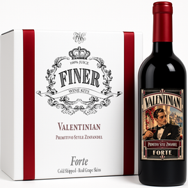 Finer Wine Kits Valentinian Primitivo-Style Zinfandel Forte wine kit box with a bottle of red wine