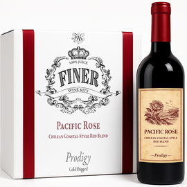 Finer Wine Kits Pacific Rose Chilean Coastal-Style Red Blend Prodigy wine kit box with a bottle of red wine