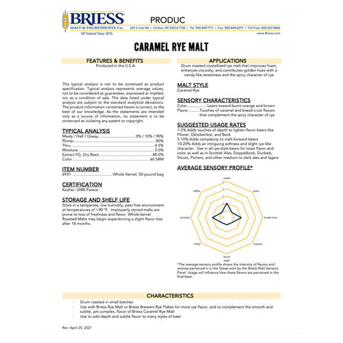 Briess Caramel Rye Malt 10 lb