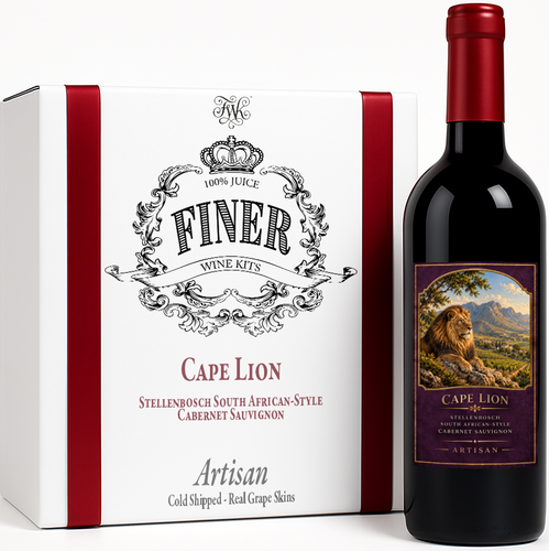 Finer Wine Kits Cape Lion Stellenbosch South African-Style Cabernet Sauvignon Artisan wine kit box with a bottle of red wine