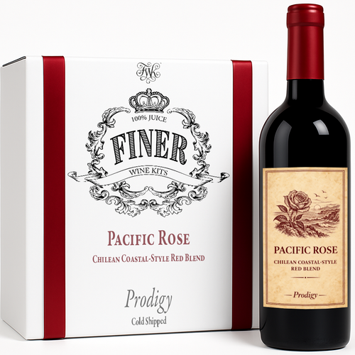 Finer Wine Kits Pacific Rose Chilean Coastal-Style Red Blend Prodigy wine kit box with a bottle of red wine