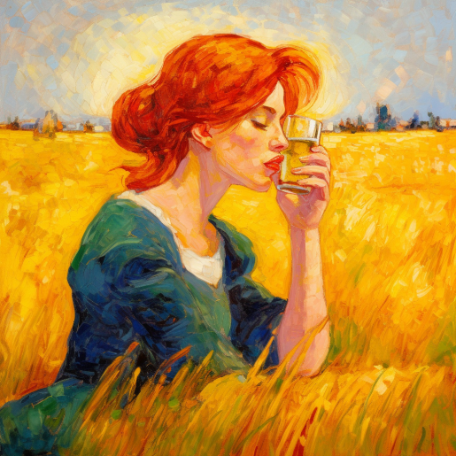 woman drinking beer in wheat field