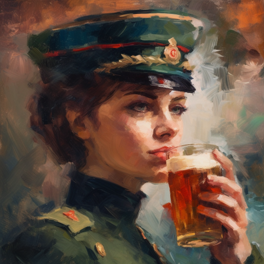 woman soldier drinking beer