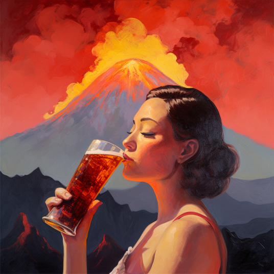 woman drinking beer near volcano