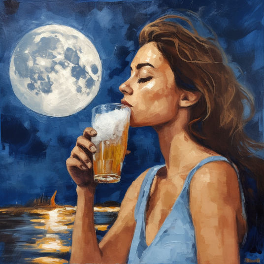 woman drinking beer under moon