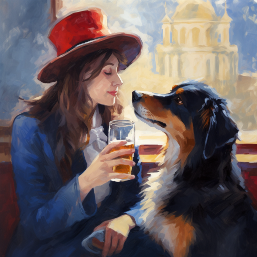 woman drinking beer with dog