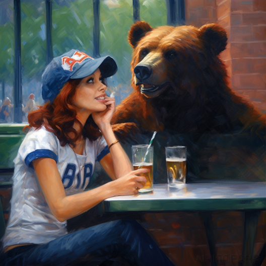 woman drinking beer with bear