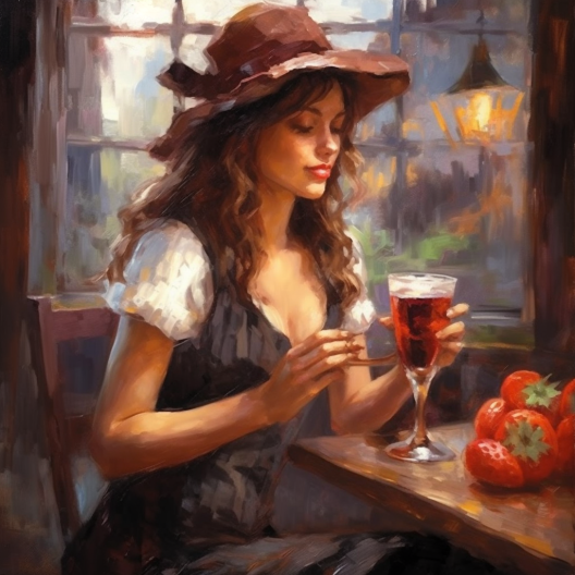 woman enjoying beer and strawberries