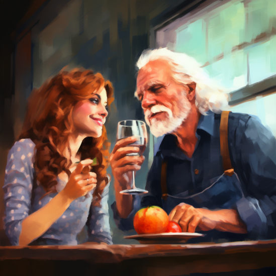 man and woman enjoying beer and peaches